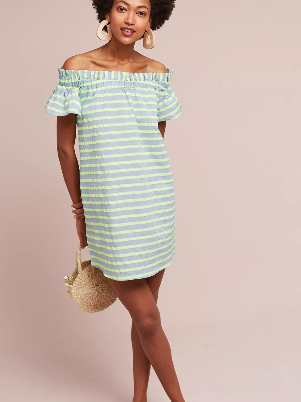 Anthropologie Neon Seersucker Striped Off Shoulder Dress